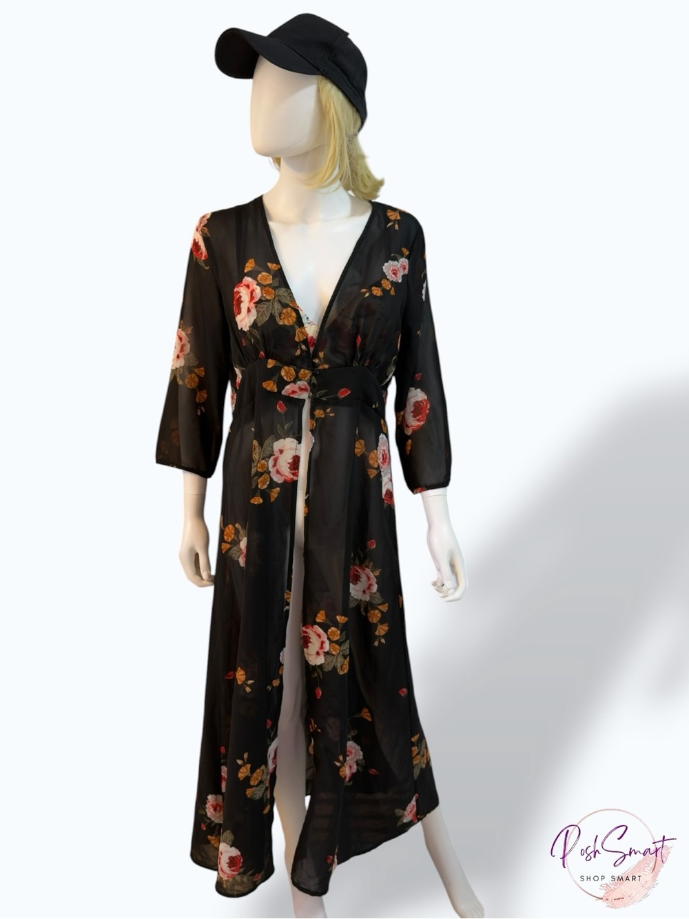 Live 4 Truth Floral Sheer Kimono Duster Black Rose Print | Size L
